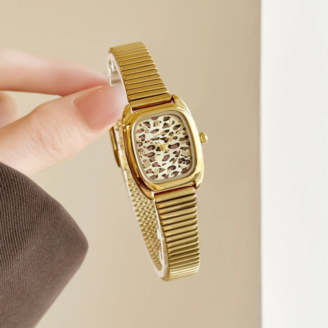 GEDI Vintage Women Watch Leopard Print Square Dial Gold Bracelet Retro Elegant Women's Wristwatch Waterproof Ladies Clock Gift