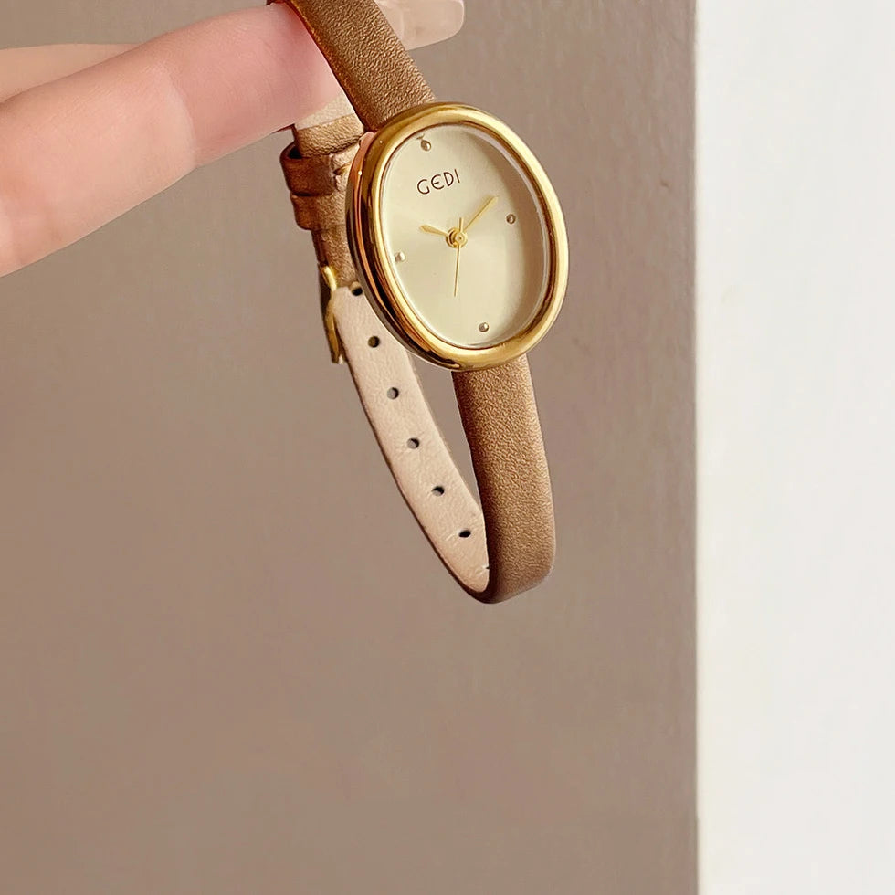 GEDI Vintage Women's Watch Oval Dial Quartz Watches For Woman Brown Leather Strap French Romantic Elegant Ladies Wristwatch