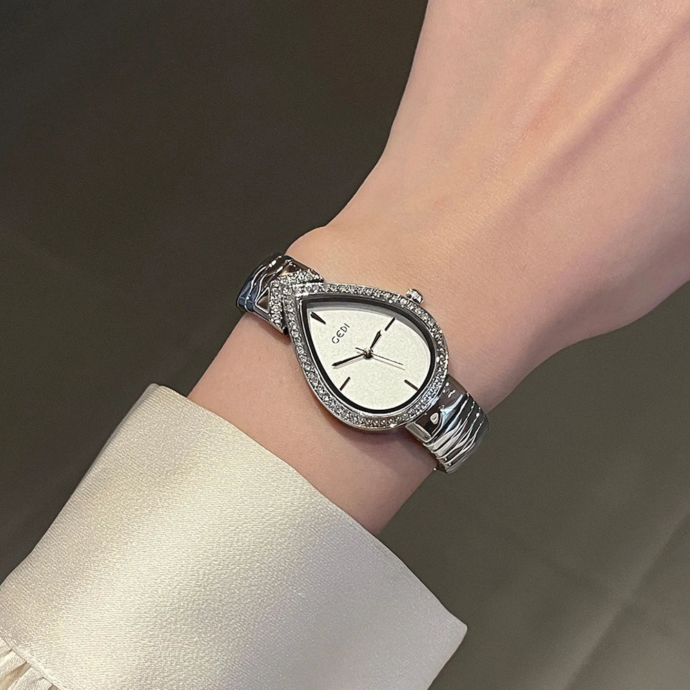 GEDI Exquisite Elegant Women's Watches Droplet-shaped Rhinestones Dial Fashion Ladies Small Quartz Watch Luxury Gold Bracelet