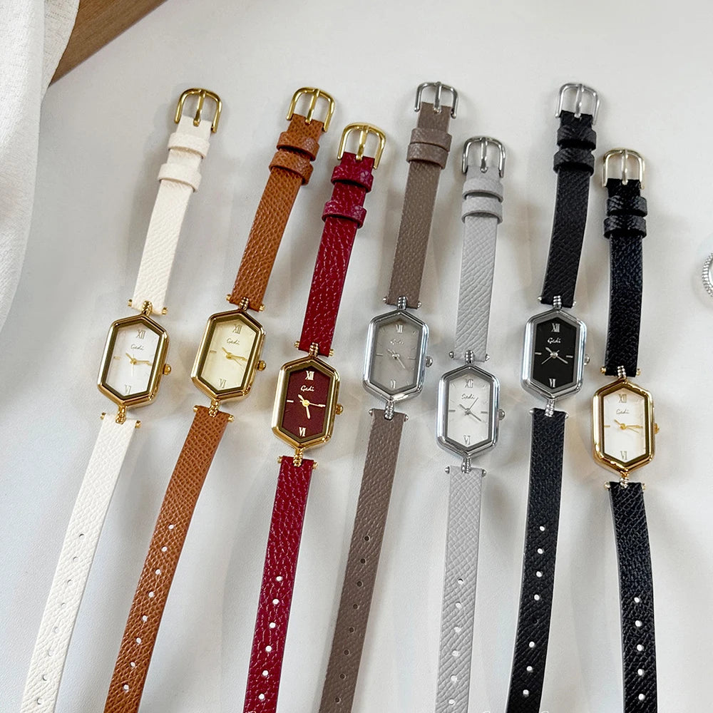 GEDI Vintage Hexagonal Women Watch Fashion Small Dial Quartz Thin Leather Strap Elegant Ladies Casual Dress Watch Reloj De Mujer