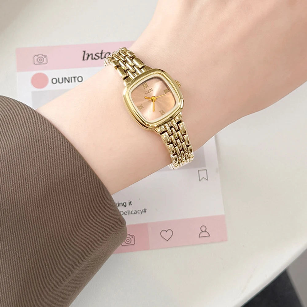 GEDI Vintage Gold Square Women Watch Elegant Small Dial Quartz Women's Wristwatch Silver Bracelet Minimalist Female Clock Gift