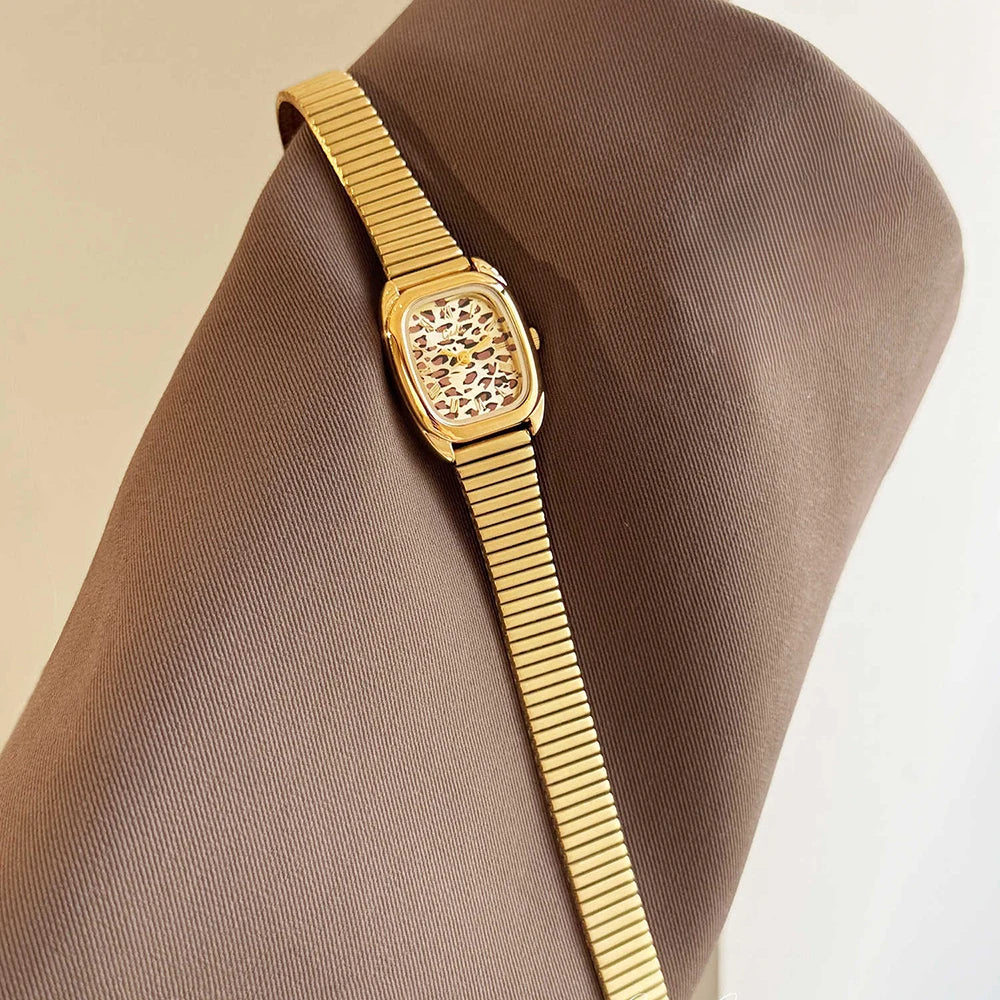 GEDI Vintage Women Watch Leopard Print Square Dial Gold Bracelet Retro Elegant Women's Wristwatch Waterproof Ladies Clock Gift