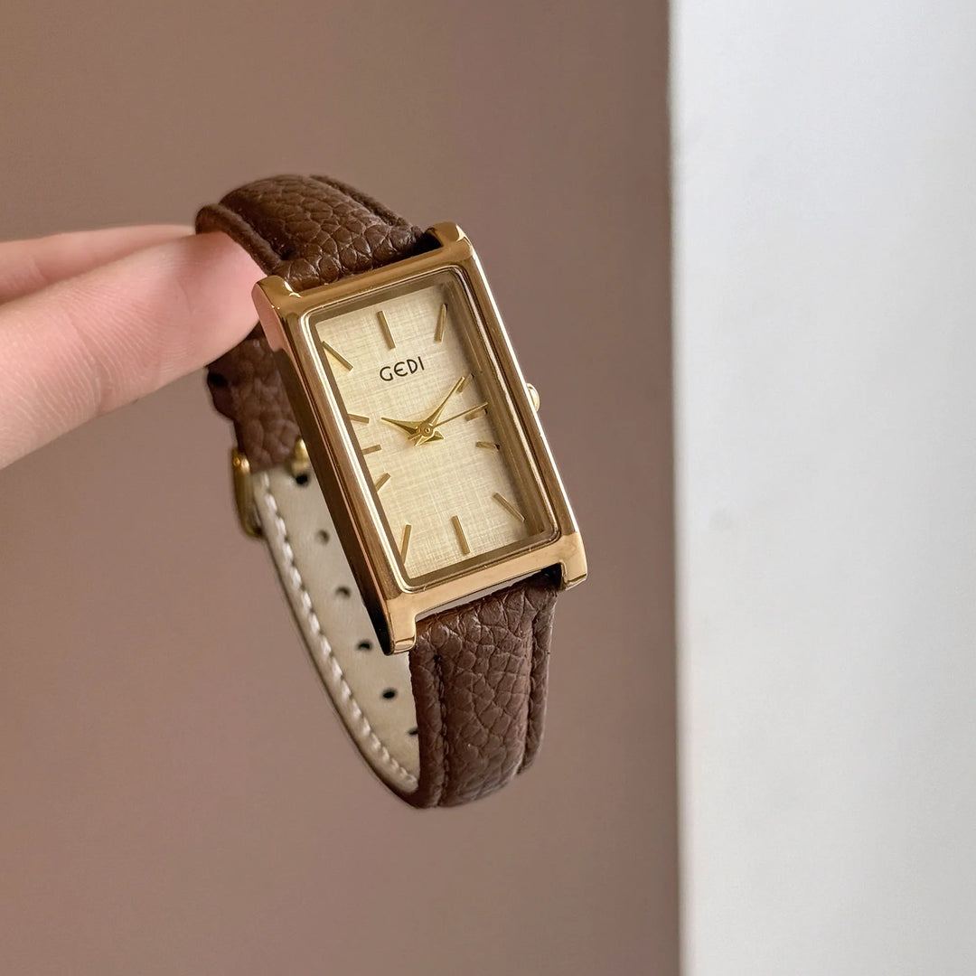 GEDI Rectangle Woman Watch Elegant Vintage Leather Strap Quartz Women's Wristwatch Minimalist Fashion Ladies Watches Daily Wear