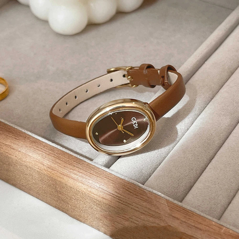 GEDI Vintage Women's Watch Oval Dial Quartz Watches For Woman Brown Leather Strap French Romantic Elegant Ladies Wristwatch