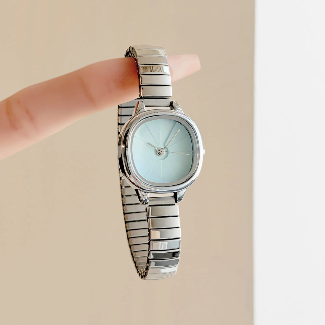 GEDI Elegant Watches for Woman Minimalist Light Blue Small Dial Quartz Ladies Watch Elastic Strap Silver Clock Girlfriend Gift