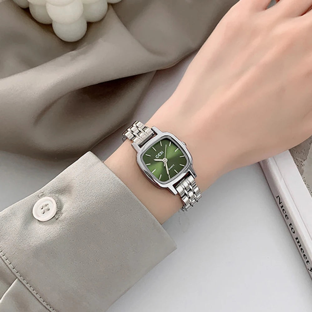 GEDI Elegant Silver Watches for Woman Minimalist Square Dial Women Watch Stainless Steel Band Quartz Wristwatch Ladies Gift