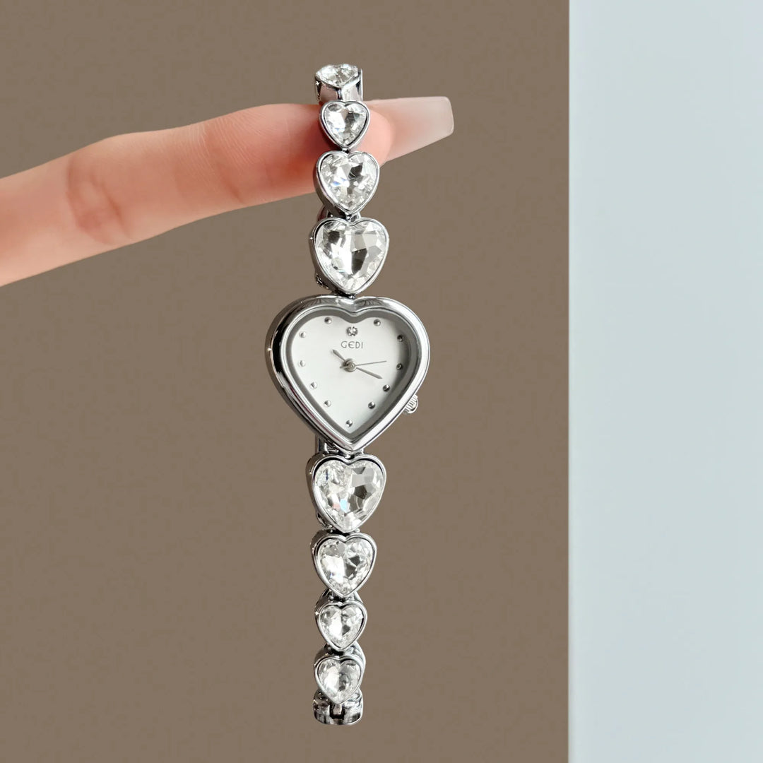 GEDI Elegant Women’s Watch Heart Shaped Dial Fashion Sparkling Rhinestone Heart Bracelet Ladies Watches Jewelry Gift for Her