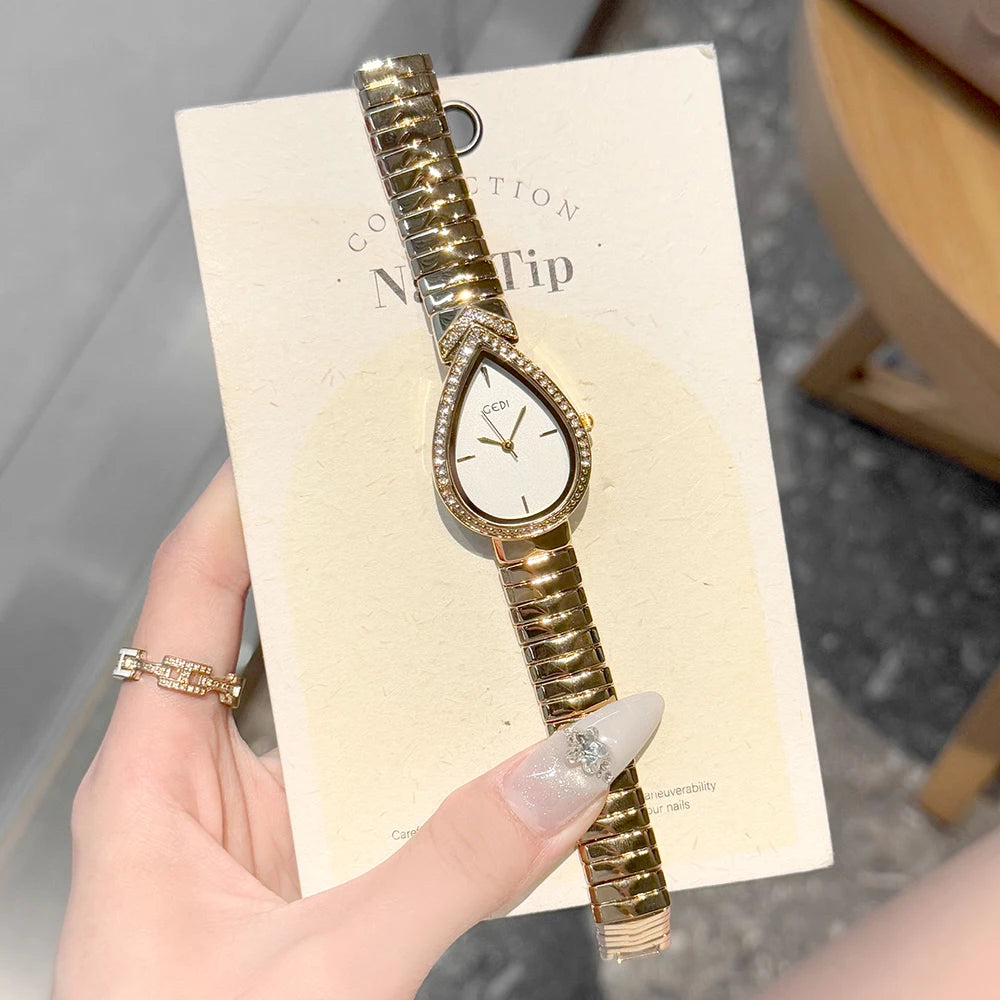 GEDI Exquisite Elegant Women's Watches Droplet-shaped Rhinestones Dial Fashion Ladies Small Quartz Watch Luxury Gold Bracelet
