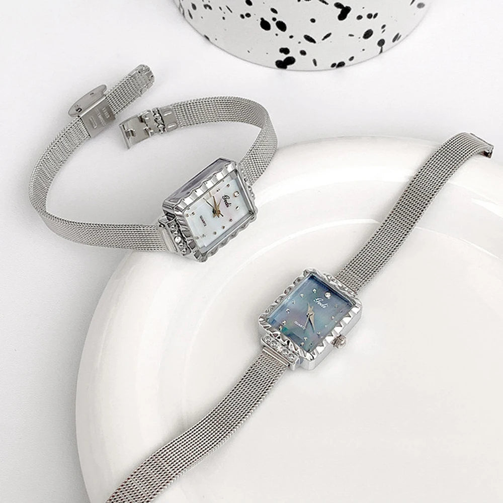 GEDI New Luxury Square Women's Watch Fashion Mother of Pearl Dial Rhinestone Ladies Watch Mesh Strap Casual Business Bracelet