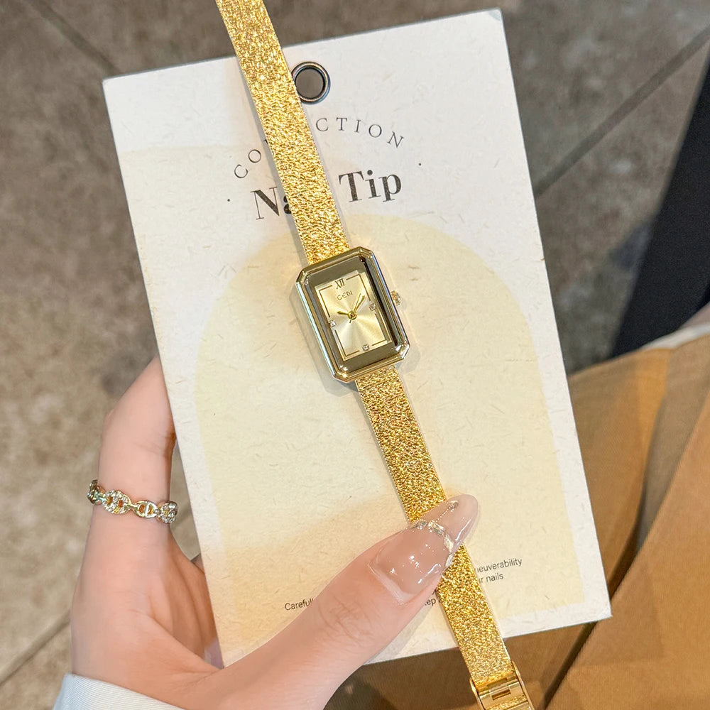 GEDI Gold Vintage Women's Watch Small Square Dial Ladies Daily Dress Quartz Wristwatch Retro Steel Strap Fashion Accessory Gift