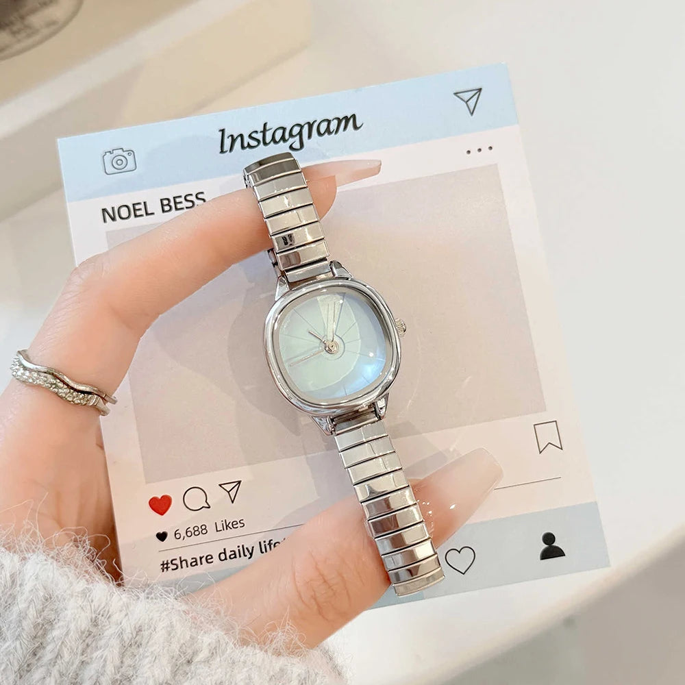 GEDI Elegant Watches for Woman Minimalist Light Blue Small Dial Quartz Ladies Watch Elastic Strap Silver Clock Girlfriend Gift