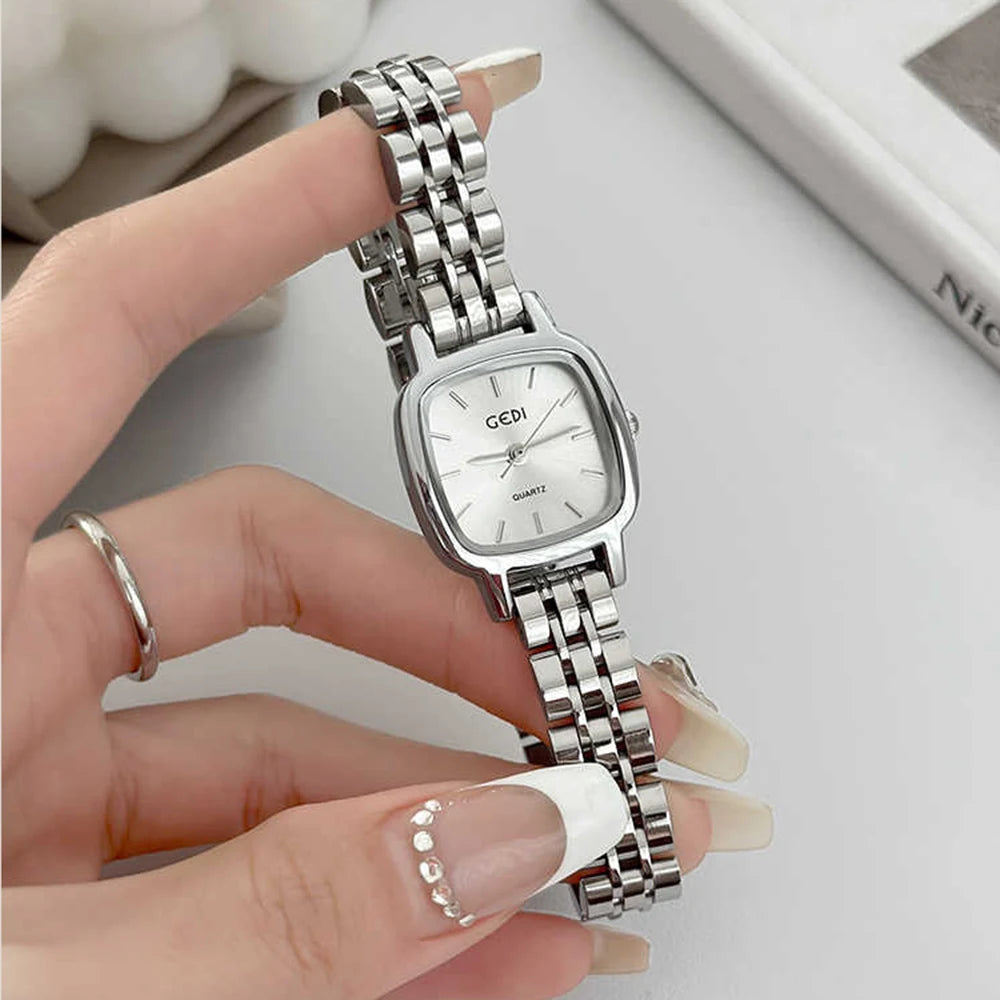 GEDI Elegant Silver Watches for Woman Minimalist Square Dial Women Watch Stainless Steel Band Quartz Wristwatch Ladies Gift