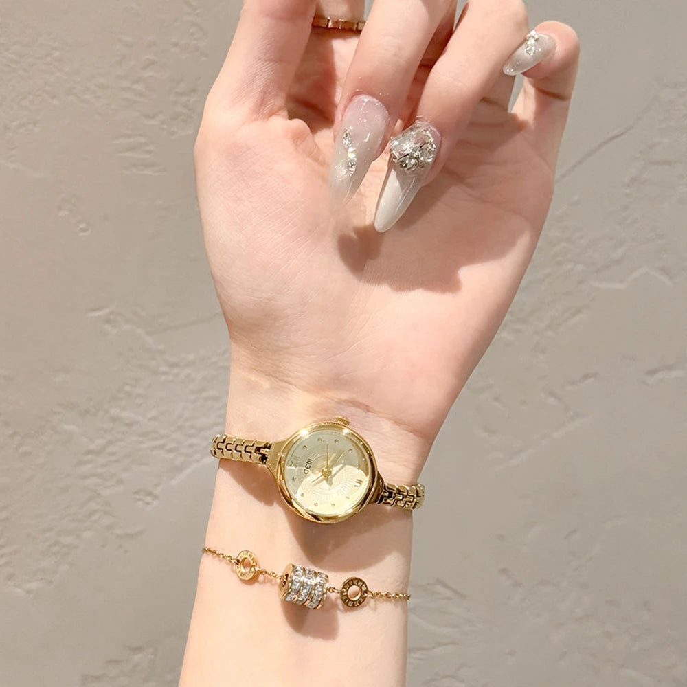 GEDI Luxury Gold Women's Watches Small Round Dial Quartz Wristwatch Elegant Bracelet Chain Ladies Dress Watch Clock Gift