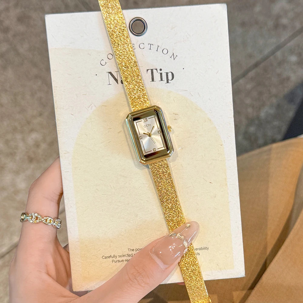 GEDI Gold Vintage Women's Watch Small Square Dial Ladies Daily Dress Quartz Wristwatch Retro Steel Strap Fashion Accessory Gift