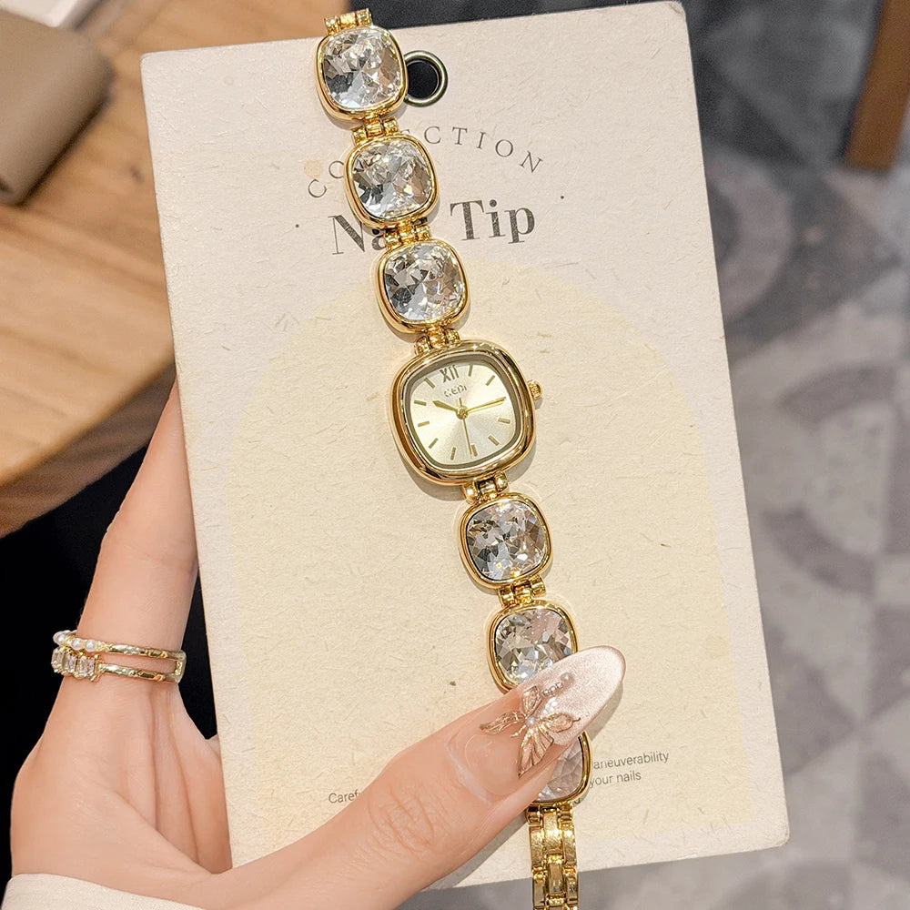 GEDI Woman Watches Luxury Crystal Bracelet Gold Plated Square Dial Quartz Women Watch Fashionable Wristwatch Gifts
