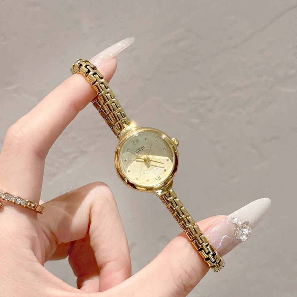 GEDI Luxury Gold Women's Watches Small Round Dial Quartz Wristwatch Elegant Bracelet Chain Ladies Dress Watch Clock Gift