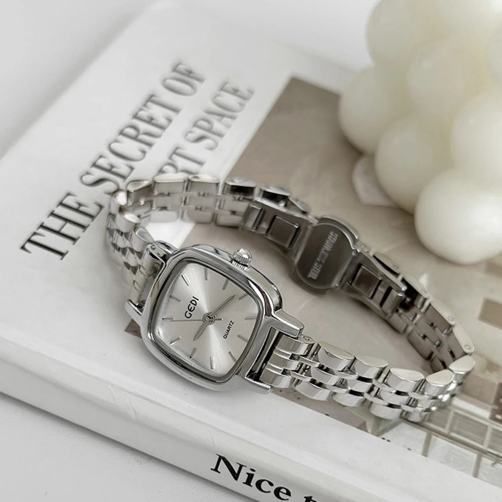 GEDI Elegant Silver Watches for Woman Minimalist Square Dial Women Watch Stainless Steel Band Quartz Wristwatch Ladies Gift