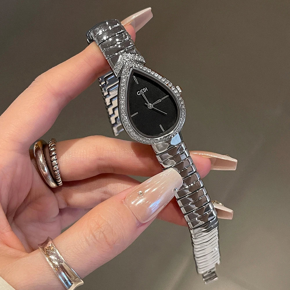 GEDI Exquisite Elegant Women's Watches Droplet-shaped Rhinestones Dial Fashion Ladies Small Quartz Watch Luxury Gold Bracelet