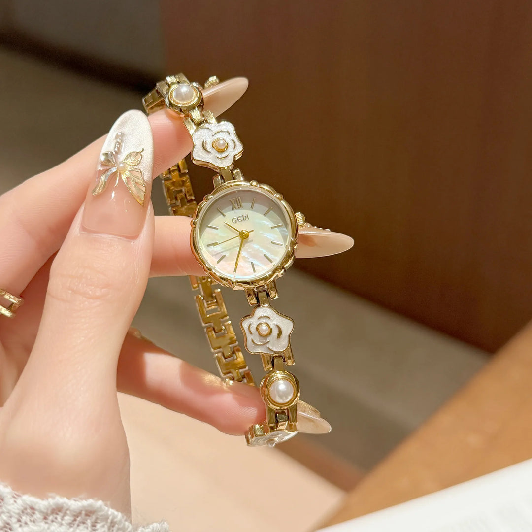 Camellia Flower Watches For Woman GEDI Brands Original Gold Bracelet Elegant Dress Quartz Women's Watches Valentine's Day Gift