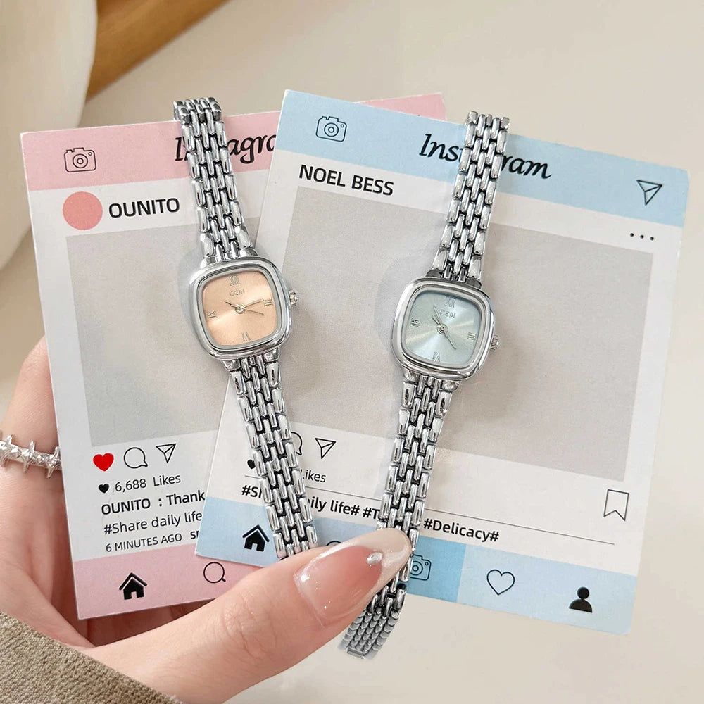 GEDI Vintage Gold Square Women Watch Elegant Small Dial Quartz Women's Wristwatch Silver Bracelet Minimalist Female Clock Gift