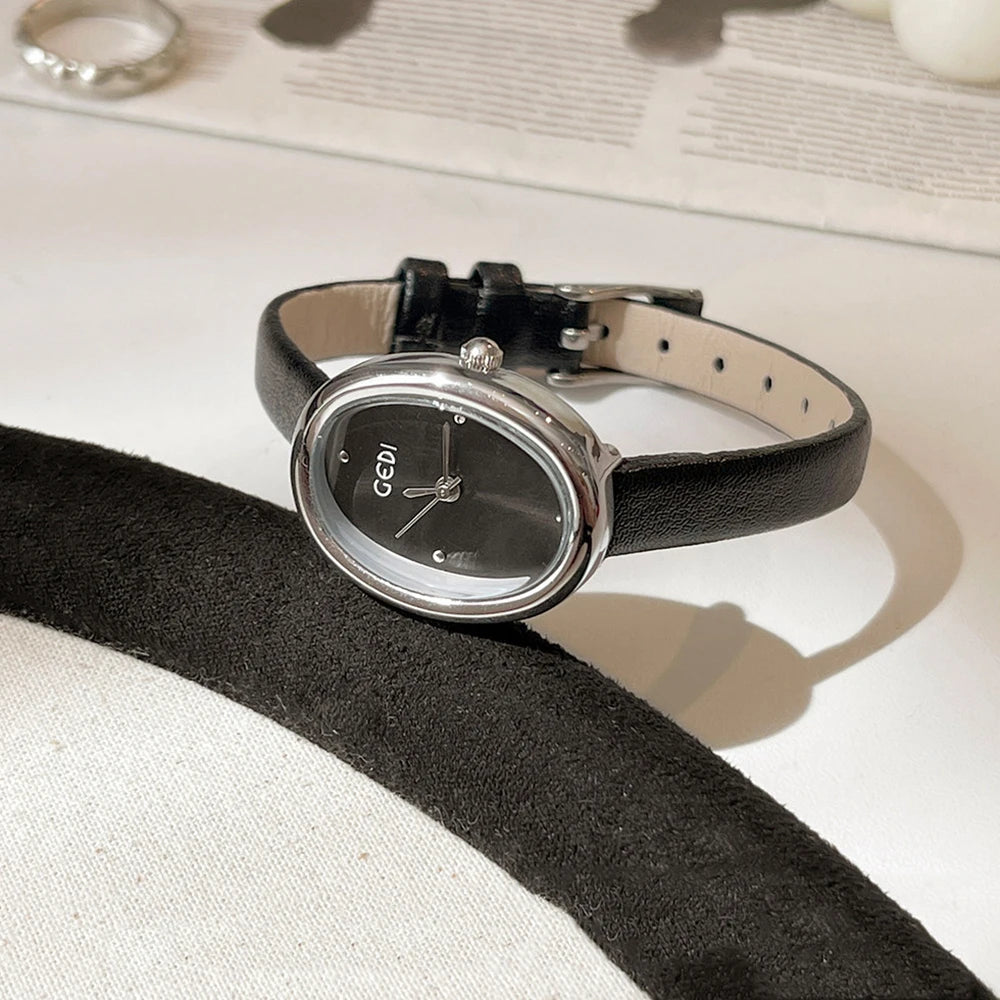 GEDI Vintage Women's Watch Oval Dial Quartz Watches For Woman Brown Leather Strap French Romantic Elegant Ladies Wristwatch