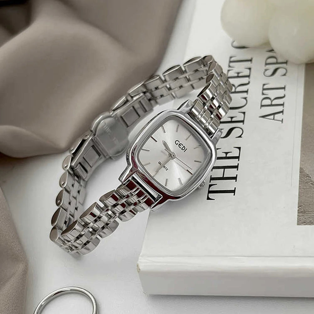 GEDI Elegant Silver Watches for Woman Minimalist Square Dial Women Watch Stainless Steel Band Quartz Wristwatch Ladies Gift