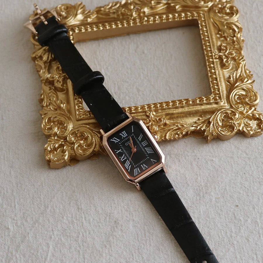 GEDI Vintage Women's Watches Elegant Retro Roman Numerals Quartz Wristwatch Leather Strap Square Ladies Watch for Daily Wear