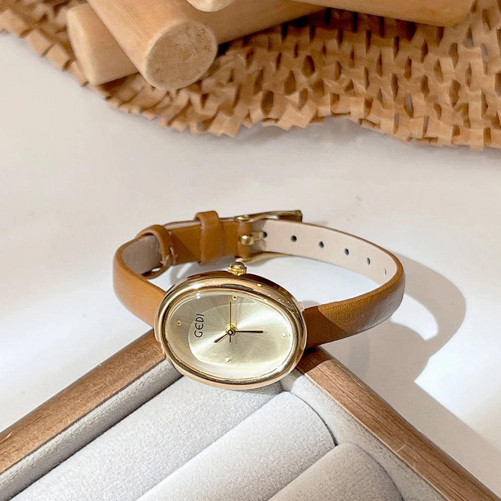 GEDI Vintage Women's Watch Oval Dial Quartz Watches For Woman Brown Leather Strap French Romantic Elegant Ladies Wristwatch