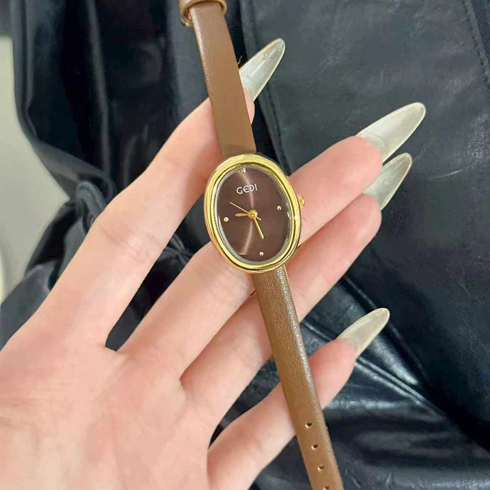 GEDI Vintage Women's Watch Oval Dial Quartz Watches For Woman Brown Leather Strap French Romantic Elegant Ladies Wristwatch