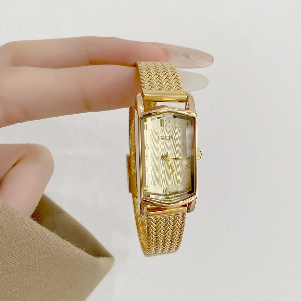 GEDI Vintage Gold Women's Watch Elegant Luxury Rectangular Dial Quartz Ladies Watches Mesh Band 2026 New Female Clocks