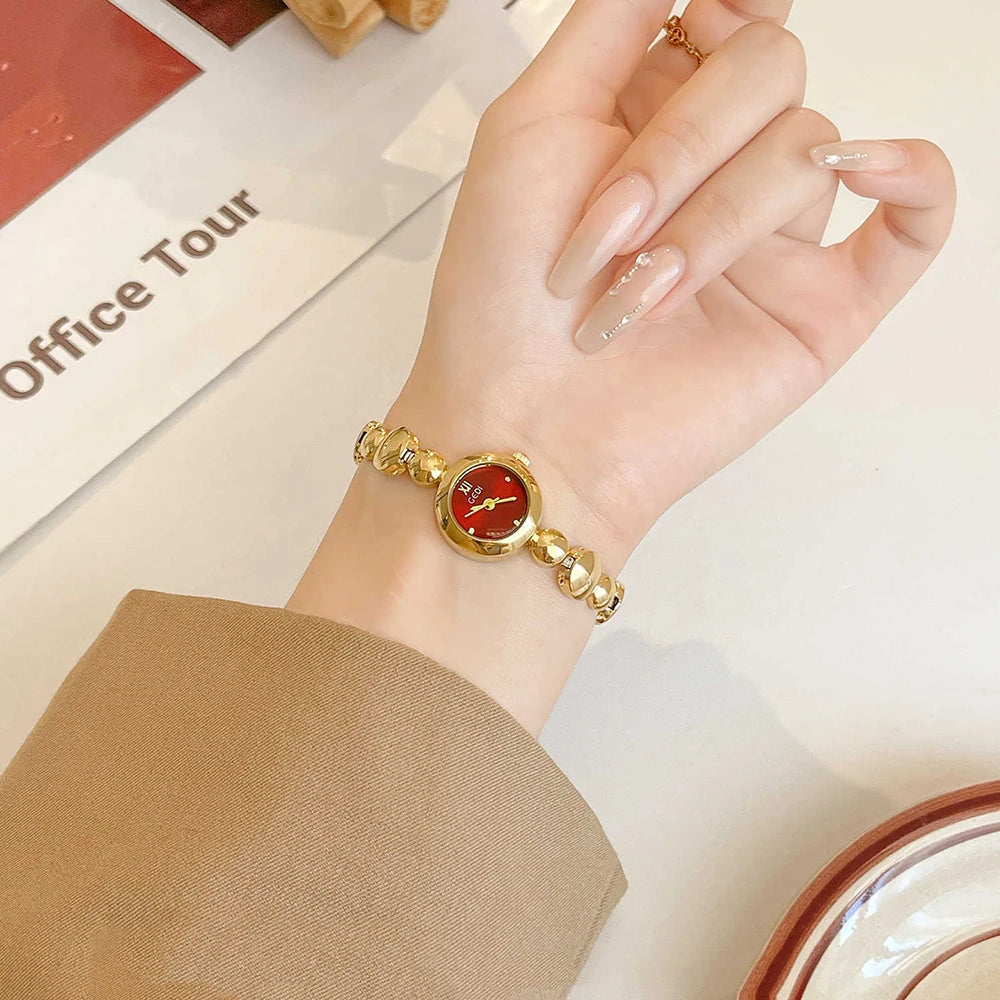GEDI 2026 New Woman Watch Luxury Vintage Red Round Dial Quartz Watches, Gold Bracelet Ladies Quartz Wristwatch Elegant