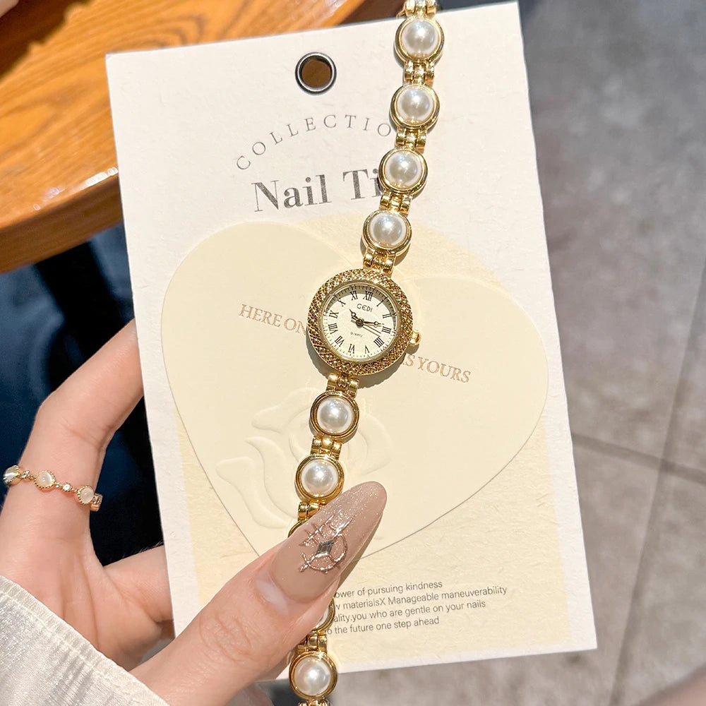 Vintage Watches Women GEDI Elegant Gold Roman Numerals Pearl Bracelet Ladies Fashion Dress Watch Girlfriend Gifts Reloj Mujer