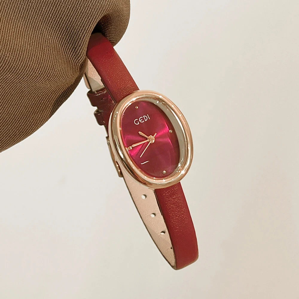 GEDI Vintage Women's Watch Oval Dial Quartz Watches For Woman Brown Leather Strap French Romantic Elegant Ladies Wristwatch