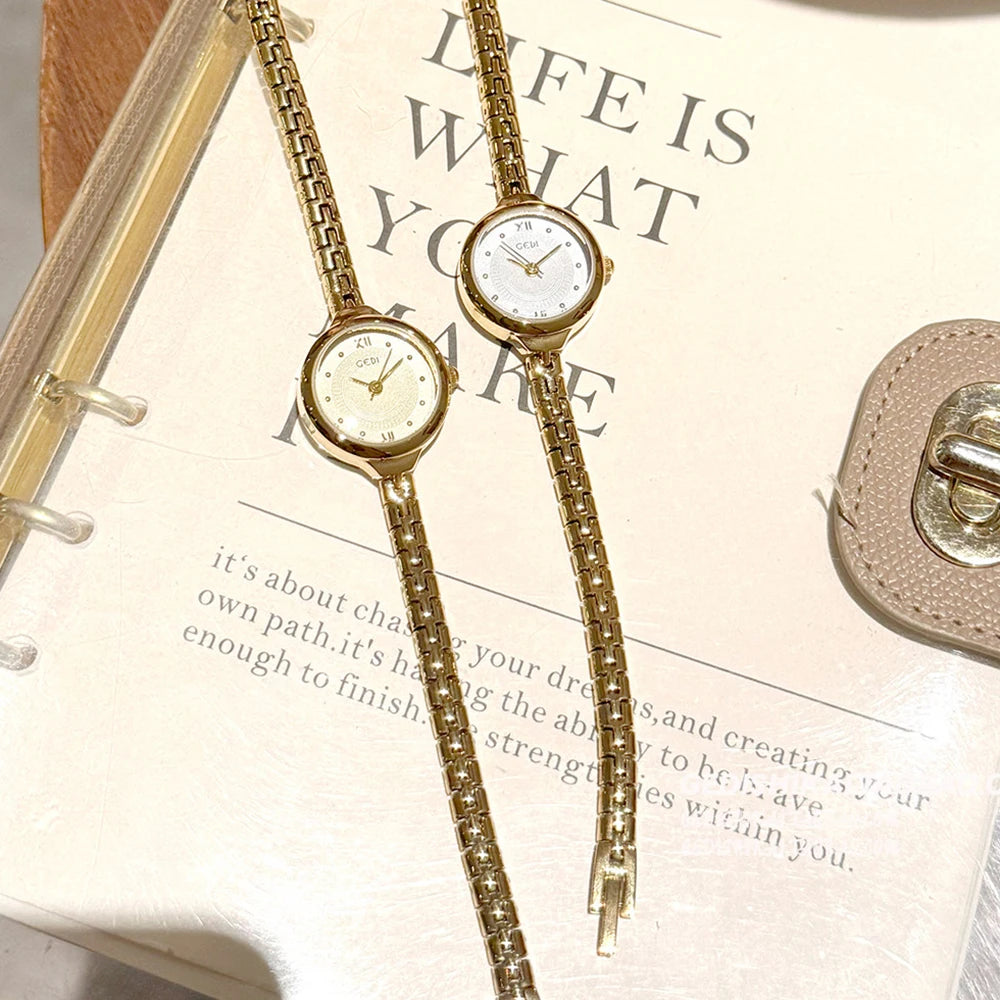 GEDI Luxury Gold Women's Watches Small Round Dial Quartz Wristwatch Elegant Bracelet Chain Ladies Dress Watch Clock Gift