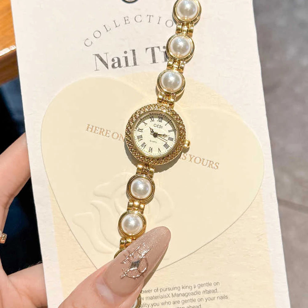 Vintage Watches Women GEDI Elegant Gold Roman Numerals Pearl Bracelet Ladies Fashion Dress Watch Girlfriend Gifts Reloj Mujer