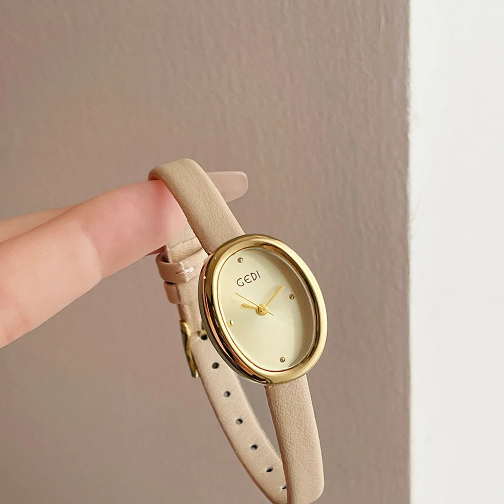GEDI Vintage Women's Watch Oval Dial Quartz Watches For Woman Brown Leather Strap French Romantic Elegant Ladies Wristwatch