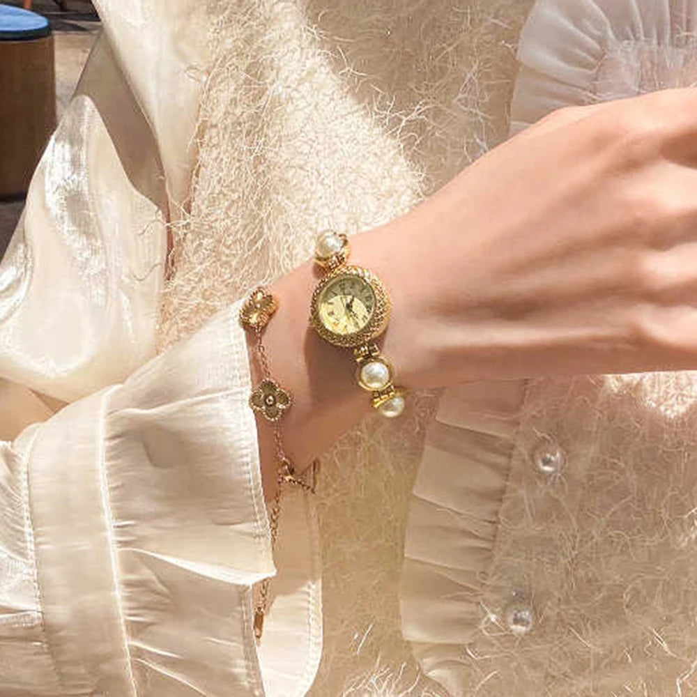 Vintage Watches Women GEDI Elegant Gold Roman Numerals Pearl Bracelet Ladies Fashion Dress Watch Girlfriend Gifts Reloj Mujer