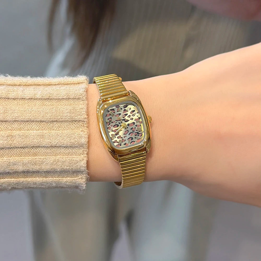 GEDI Vintage Women Watch Leopard Print Square Dial Gold Bracelet Retro Elegant Women's Wristwatch Waterproof Ladies Clock Gift