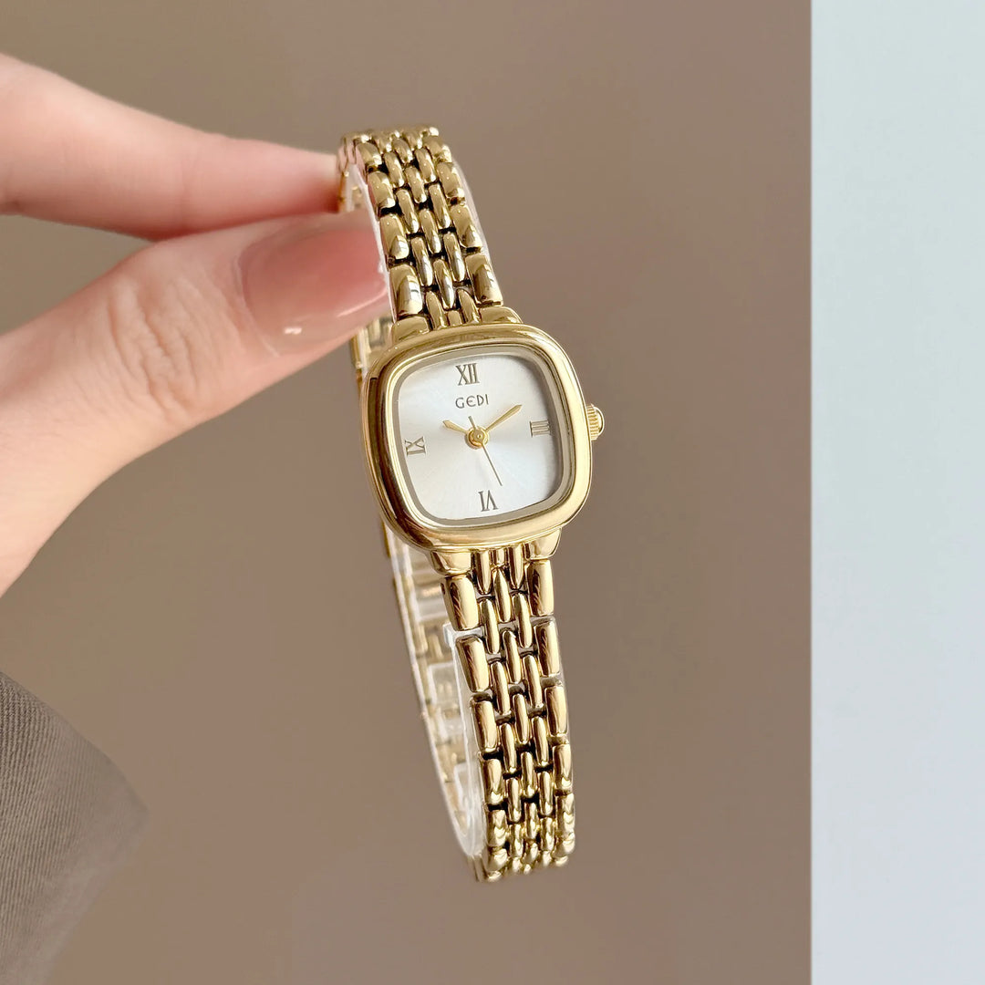 GEDI Vintage Gold Square Women Watch Elegant Small Dial Quartz Women's Wristwatch Silver Bracelet Minimalist Female Clock Gift
