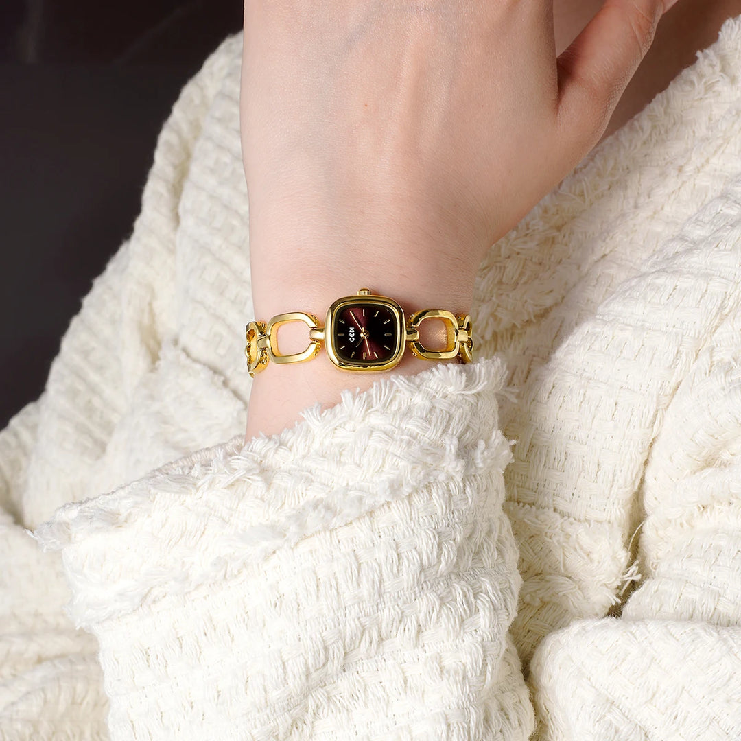 GEDI Women's Watch Elegant Square Red Dial Quartz Watches Chain Bracelet Vintage Minimalist Girls Ladies Small Wristwatch