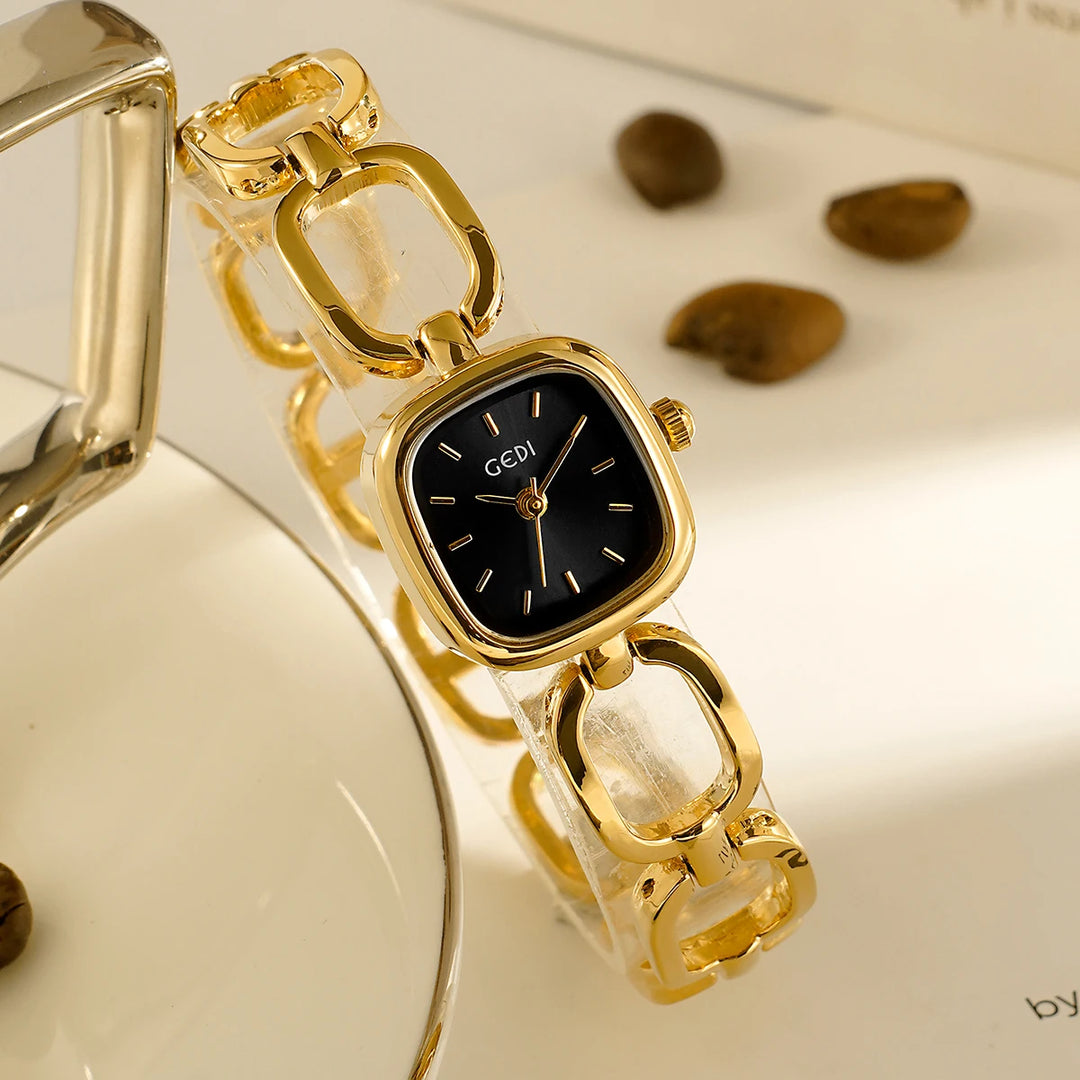 GEDI Women's Watch Elegant Square Red Dial Quartz Watches Chain Bracelet Vintage Minimalist Girls Ladies Small Wristwatch