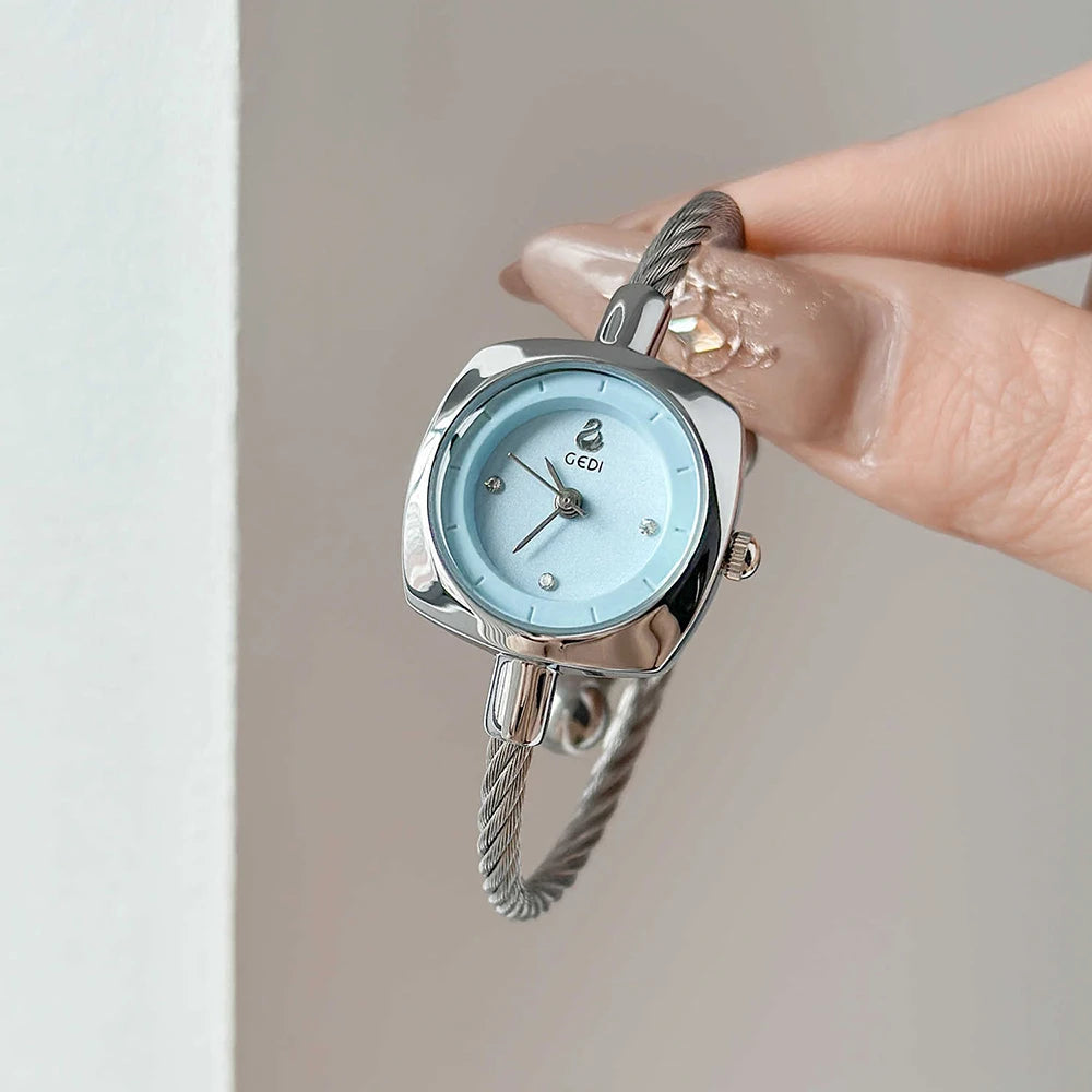 GEDI Luxury Watches For Woman Light Blue Dial Stainless Steel Twisted Bangle Wristwatch Elegant Ladies Silver Bracelet Watch
