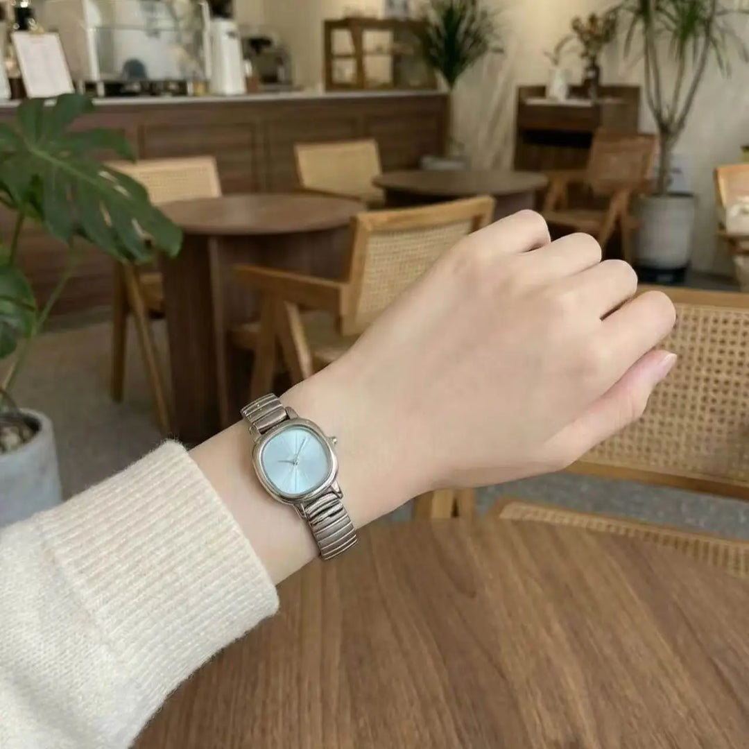 GEDI Elegant Watches for Woman Minimalist Light Blue Small Dial Quartz Ladies Watch Elastic Strap Silver Clock Girlfriend Gift