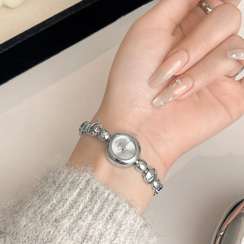 Women's Watch GEDI, Minimalist Small Round Dial Quartz Wristwatch, Silver Bracelet Clock, Ladies Watches Valentine's Day Gift