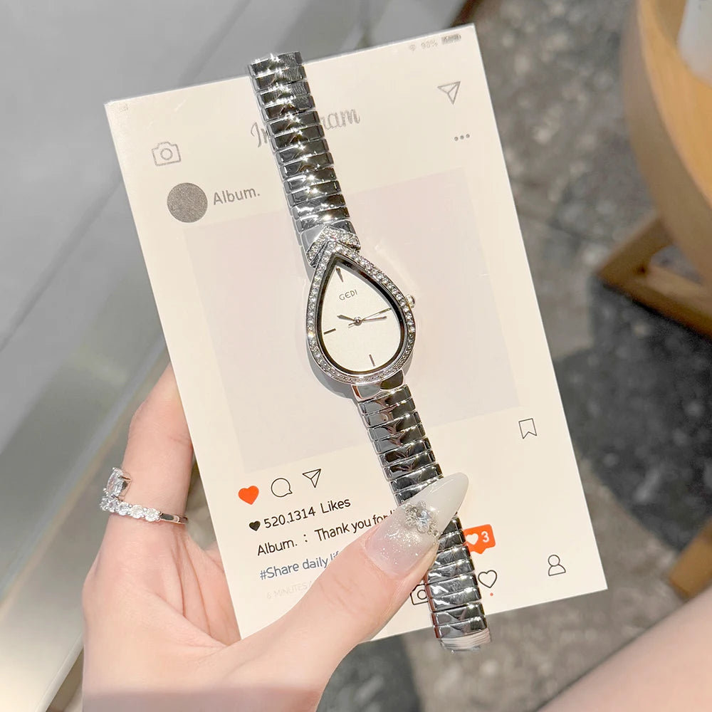 GEDI Exquisite Elegant Women's Watches Droplet-shaped Rhinestones Dial Fashion Ladies Small Quartz Watch Luxury Gold Bracelet