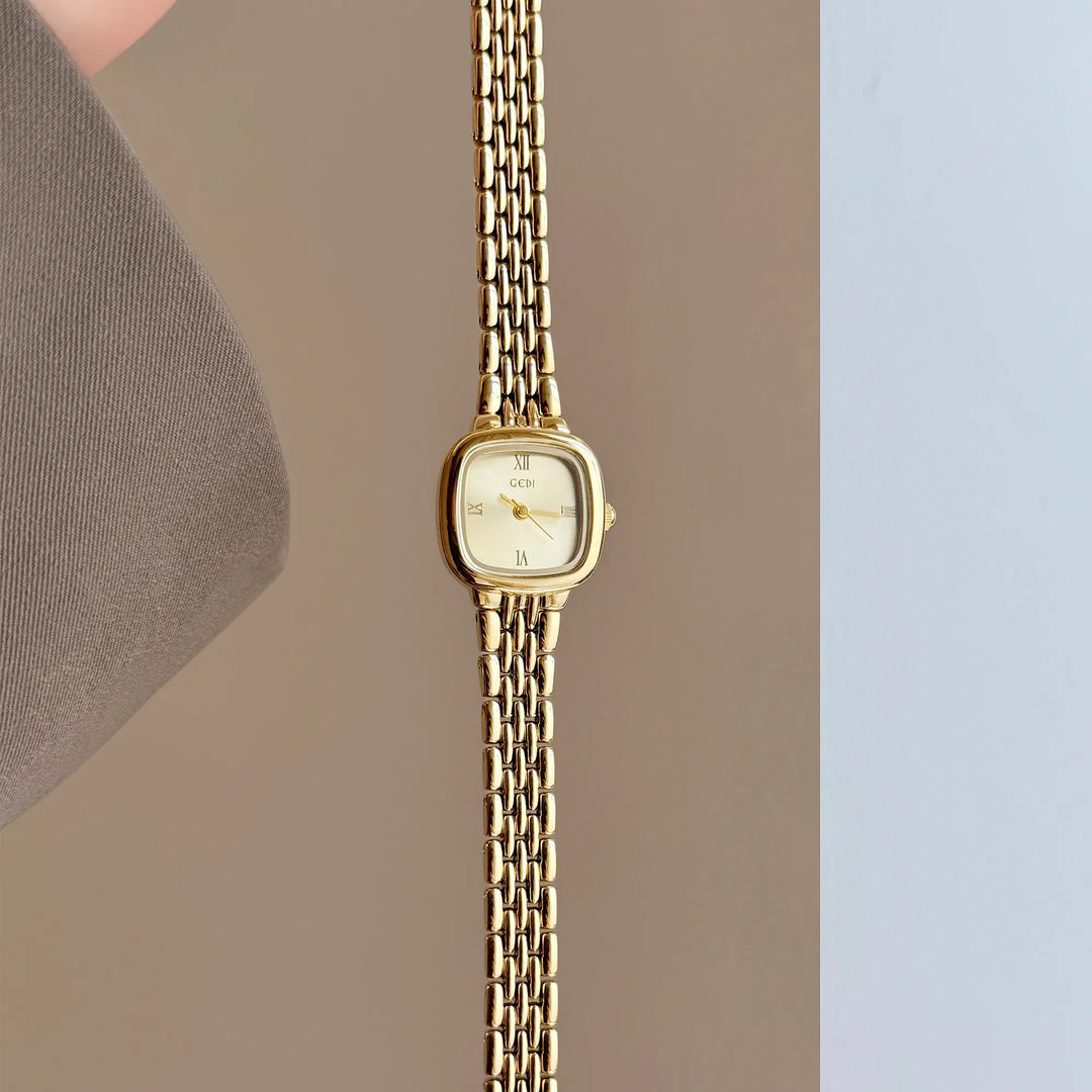 GEDI Vintage Gold Square Women Watch Elegant Small Dial Quartz Women's Wristwatch Silver Bracelet Minimalist Female Clock Gift
