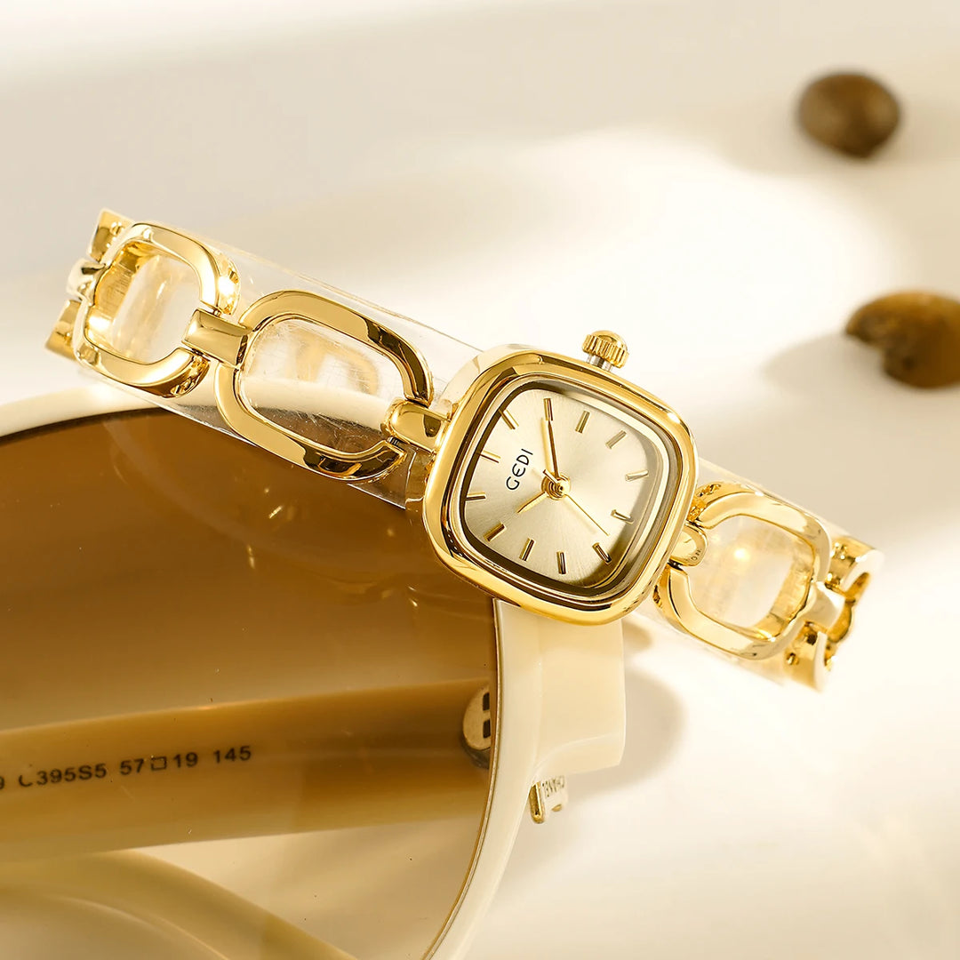 GEDI Women's Watch Elegant Square Red Dial Quartz Watches Chain Bracelet Vintage Minimalist Girls Ladies Small Wristwatch