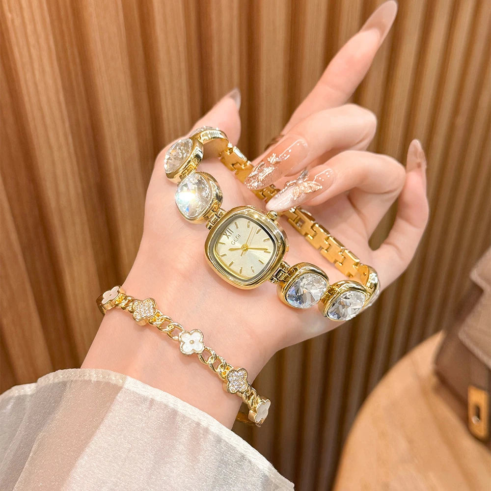 GEDI Woman Watches Luxury Crystal Bracelet Gold Plated Square Dial Quartz Women Watch Fashionable Wristwatch Gifts