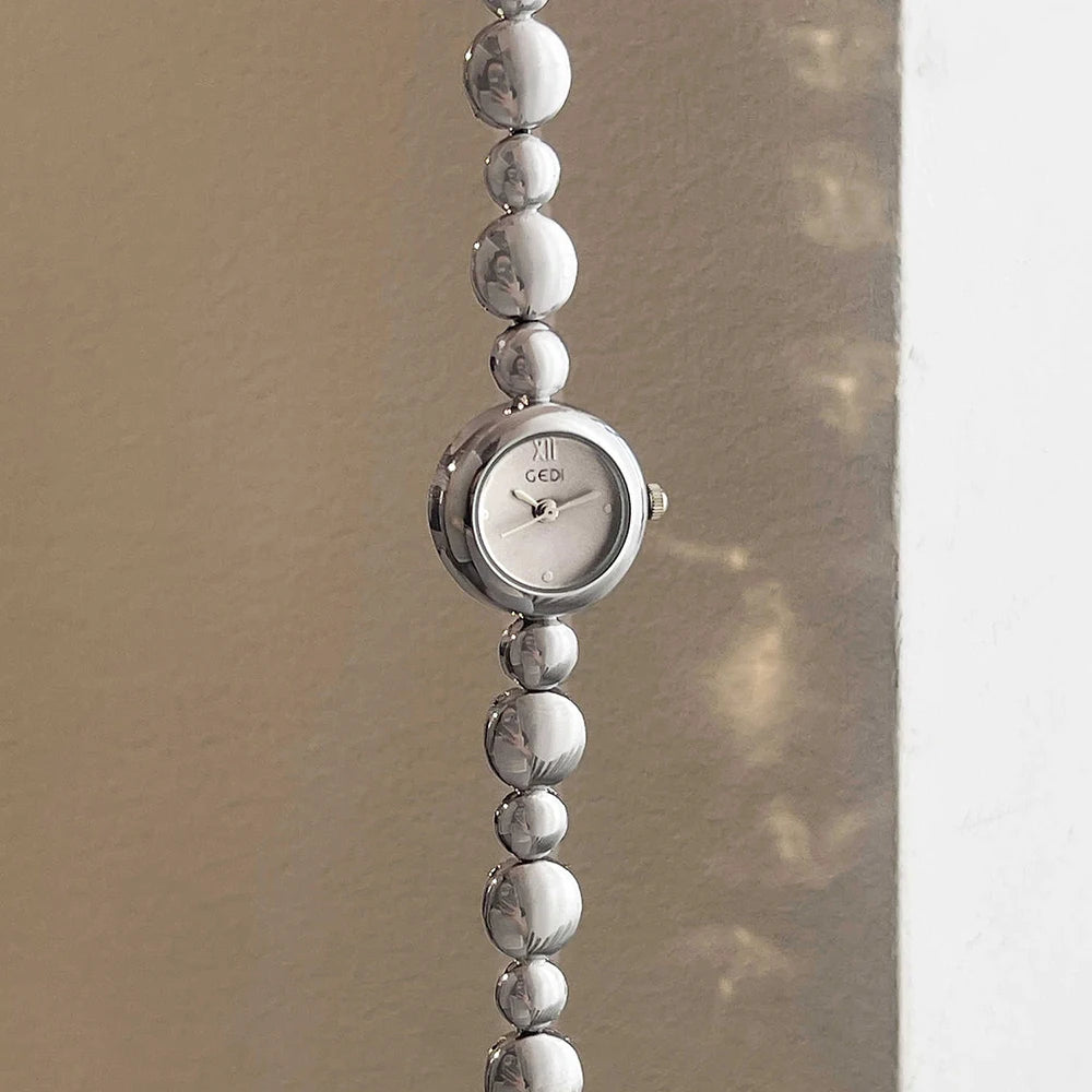 Women's Watch GEDI, Minimalist Small Round Dial Quartz Wristwatch, Silver Bracelet Clock, Ladies Watches Valentine's Day Gift