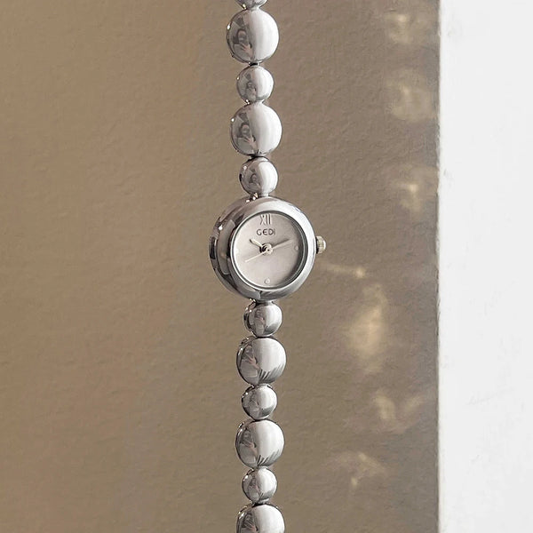 Women's watch gedi, minimalist small round dial quartz wristwatch, silver bracelet clock, ladies watches valentine's day gift
